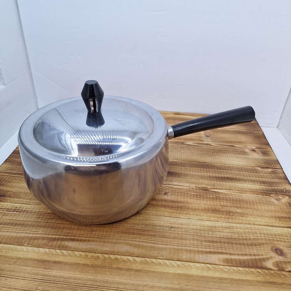 Vintage Japan Stainless Steel Fondue Pot Black Handle w/lid